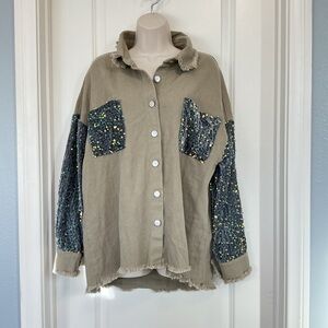 NWT Chicme Oversized  Embellished Frayed Hem Button Down Shirt Shacket Size L